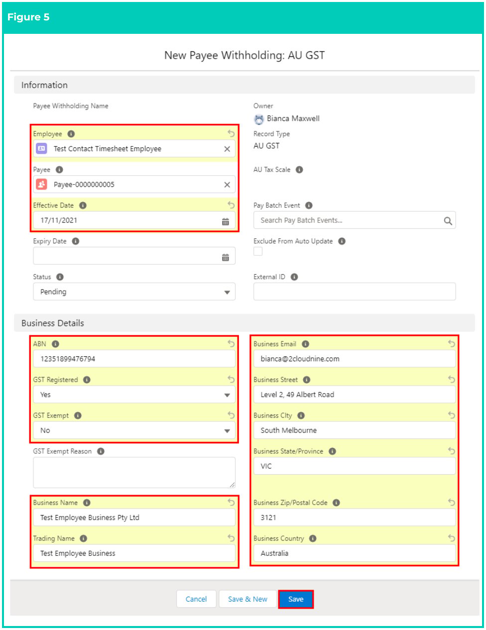 Screenshot from QRG Create Payee Withholdings - AU GST