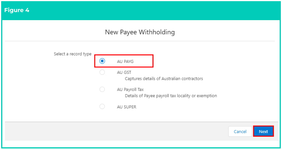 Screenshot from QRG Create Payee Withholdings - AU PAYG