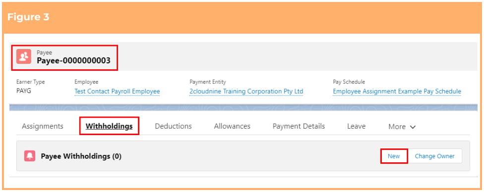 Screenshot from QRG Create Payee Withholdings - AU Payroll Tax