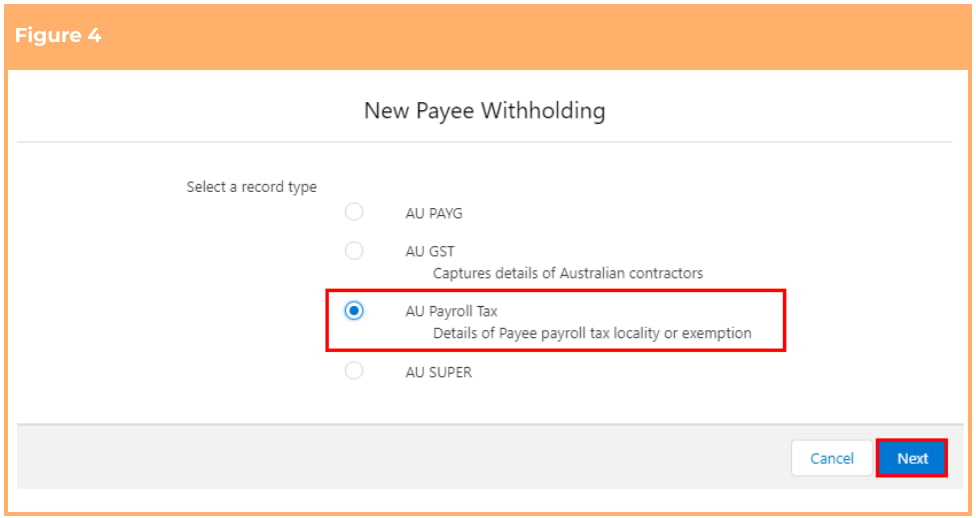 Screenshot from QRG Create Payee Withholdings - AU Payroll Tax