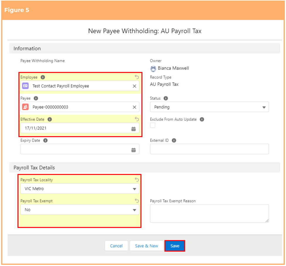 Screenshot from QRG Create Payee Withholdings - AU Payroll Tax