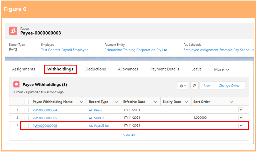 Screenshot from QRG Create Payee Withholdings - AU Payroll Tax
