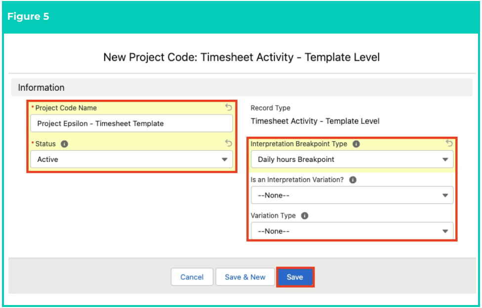 Screenshot from QRG Create Project Codes - Timesheet Activity