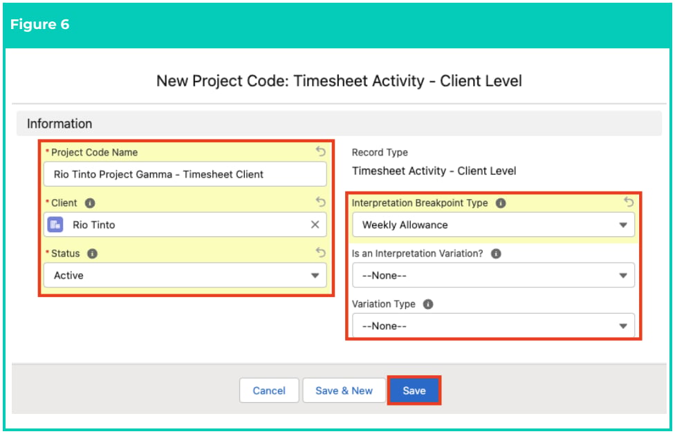 Screenshot from QRG Create Project Codes - Timesheet Activity