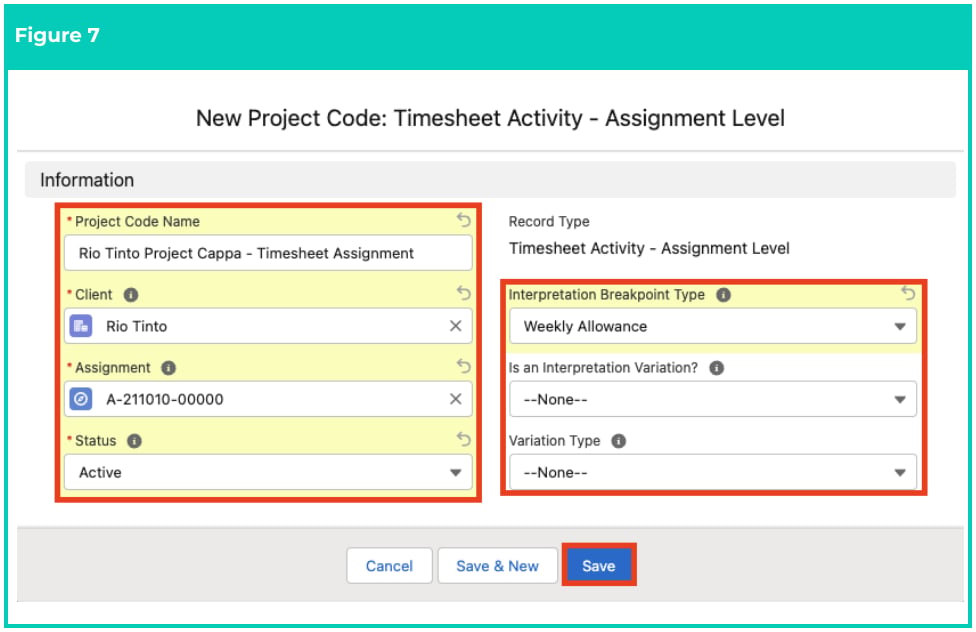Screenshot from QRG Create Project Codes - Timesheet Activity