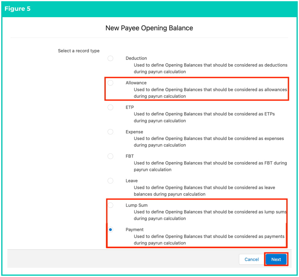 Screenshot from QRG Define Payee Opening Balances - Allowance, Payment, and Lump Sum