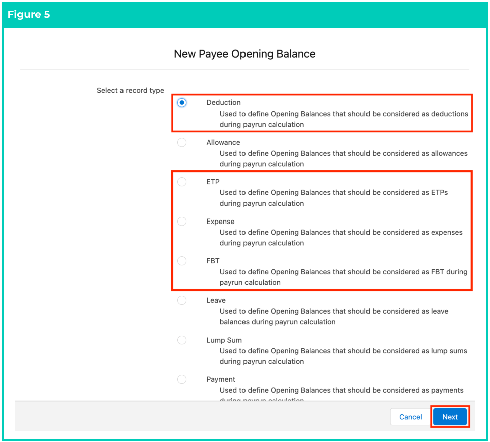 Screenshot from QRG Define Payee Opening Balances - Deduction, ETP, Expense, and FBT