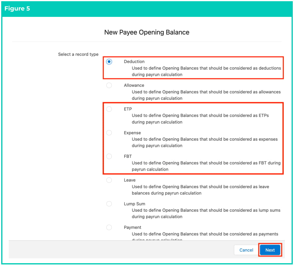 Screenshot from QRG Define Payee Opening Balances - Deduction, ETP, Expense, and FBT