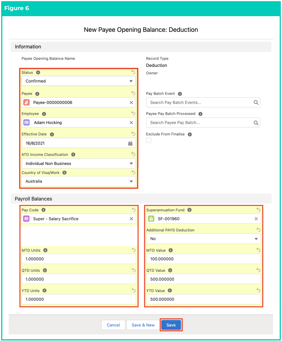 Screenshot from QRG Define Payee Opening Balances - Deduction, ETP, Expense, and FBT