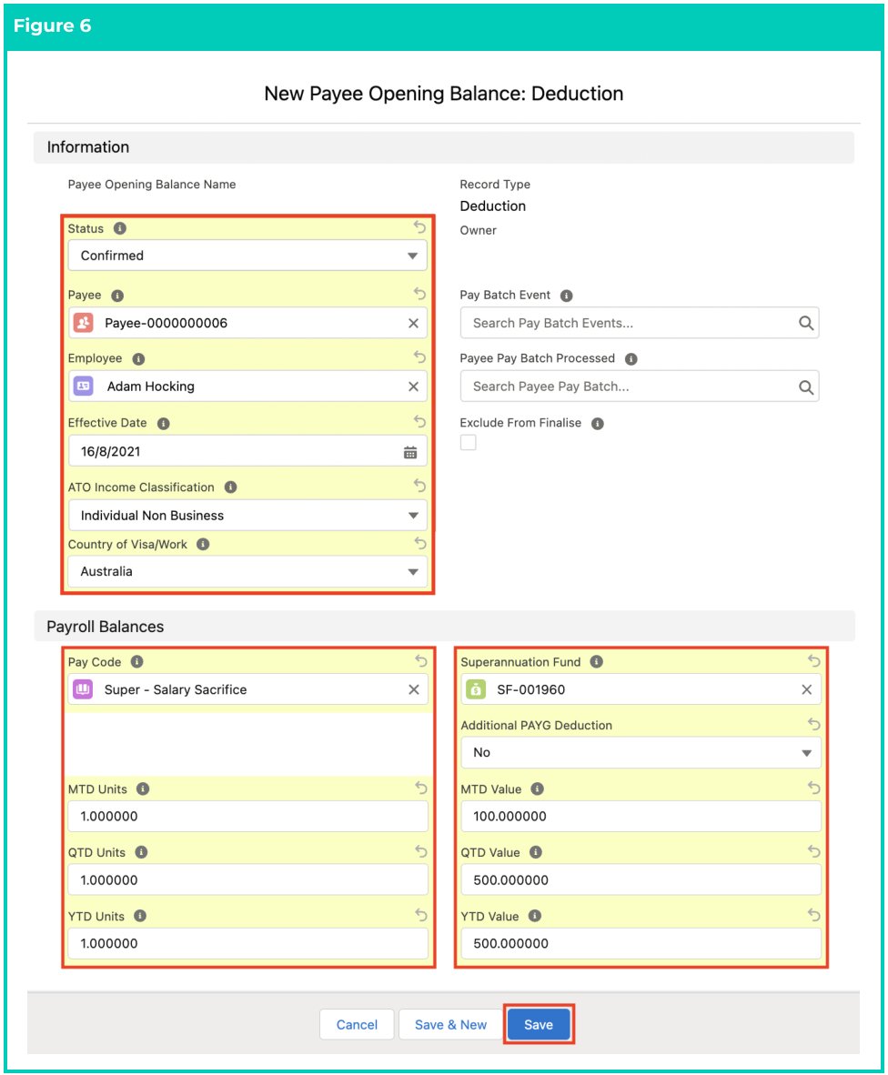 Screenshot from QRG Define Payee Opening Balances - Deduction, ETP, Expense, and FBT