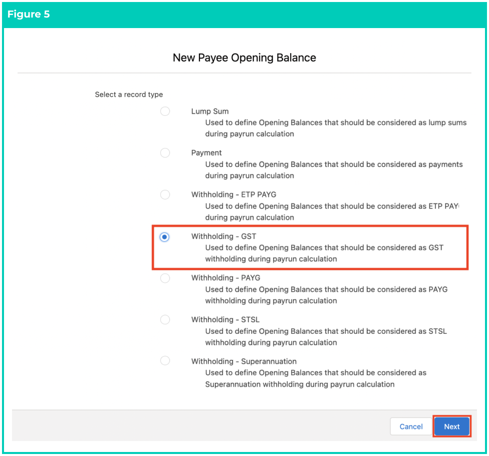 Screenshot from QRG Define Payee Opening Balances - GST Withholding