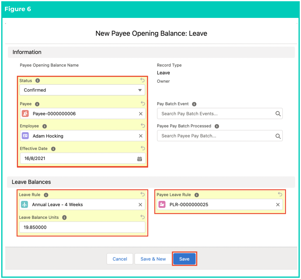 Screenshot from QRG Define Payee Opening Balances - Leave