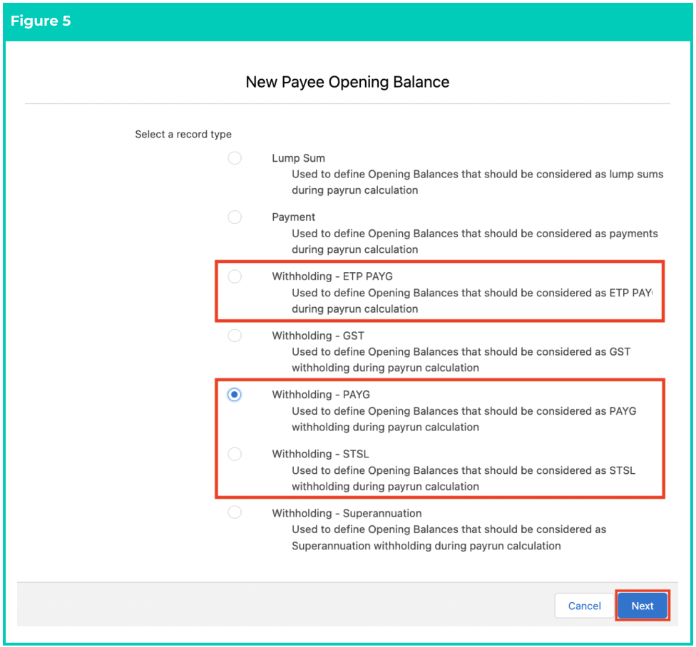 Screenshot from QRG Define Payee Opening Balances - PAYG, STSL, and ETP PAYG Withholding