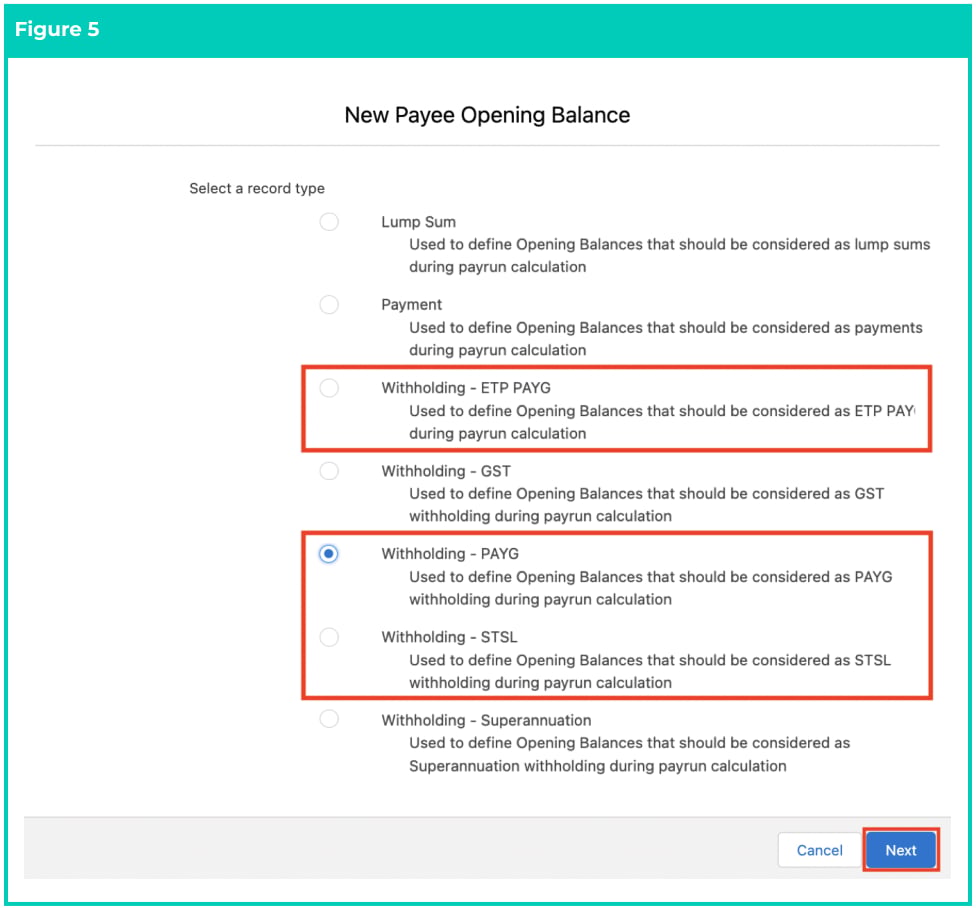 Screenshot from QRG Define Payee Opening Balances - PAYG, STSL, and ETP PAYG Withholding