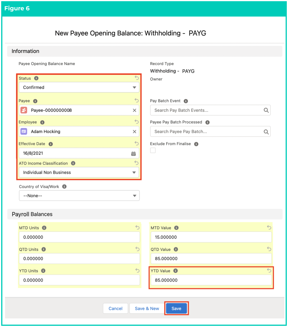 Screenshot from QRG Define Payee Opening Balances - PAYG, STSL, and ETP PAYG Withholding