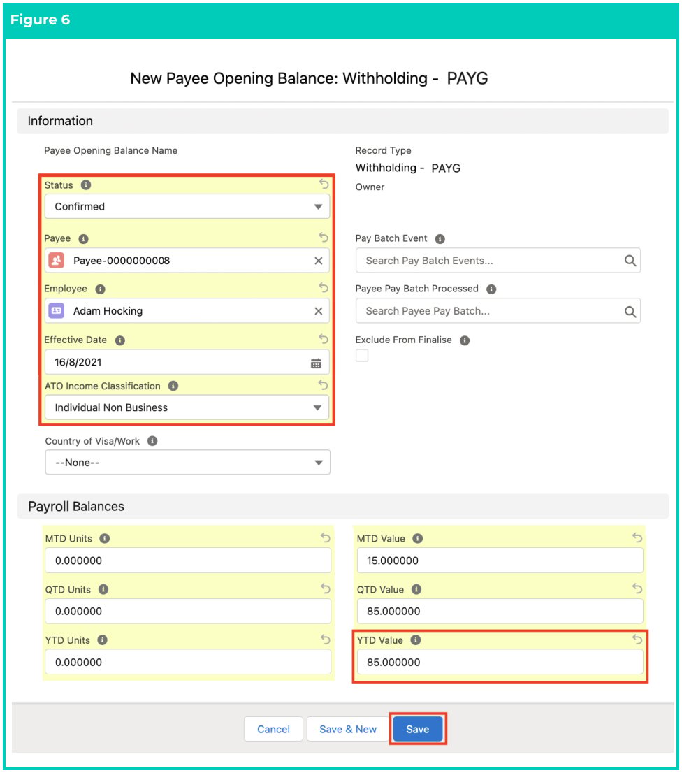 Screenshot from QRG Define Payee Opening Balances - PAYG, STSL, and ETP PAYG Withholding