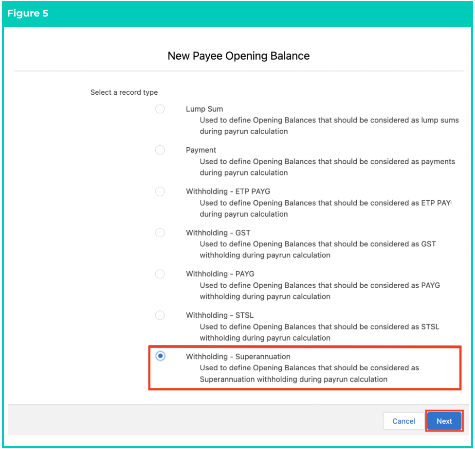 Screenshot from QRG Define Payee Opening Balances - Withholding Superannuation