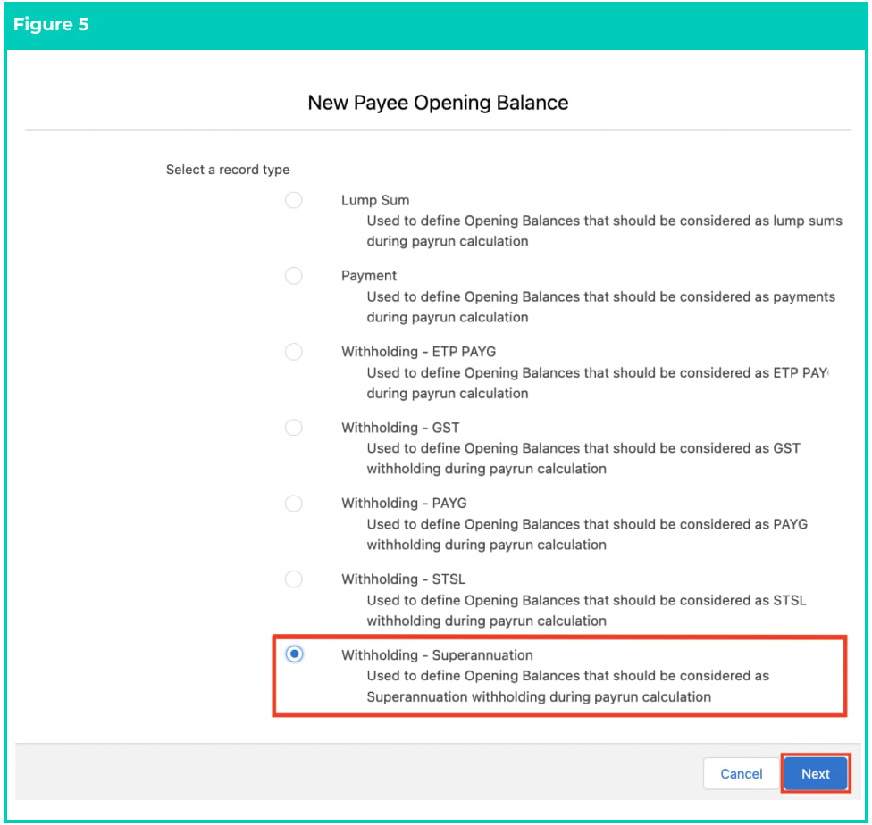Screenshot from QRG Define Payee Opening Balances - Withholding Superannuation