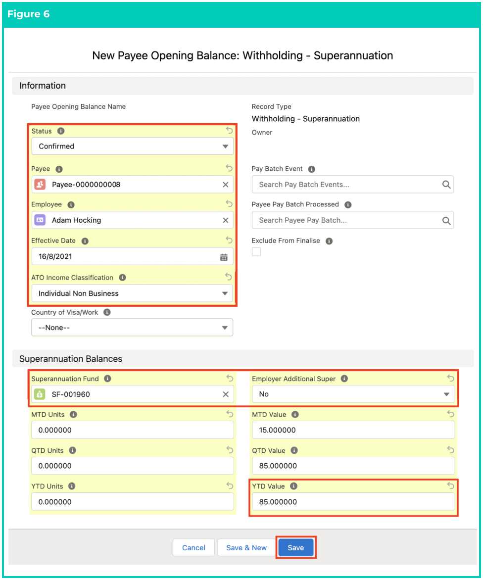 Screenshot from QRG Define Payee Opening Balances - Withholding Superannuation