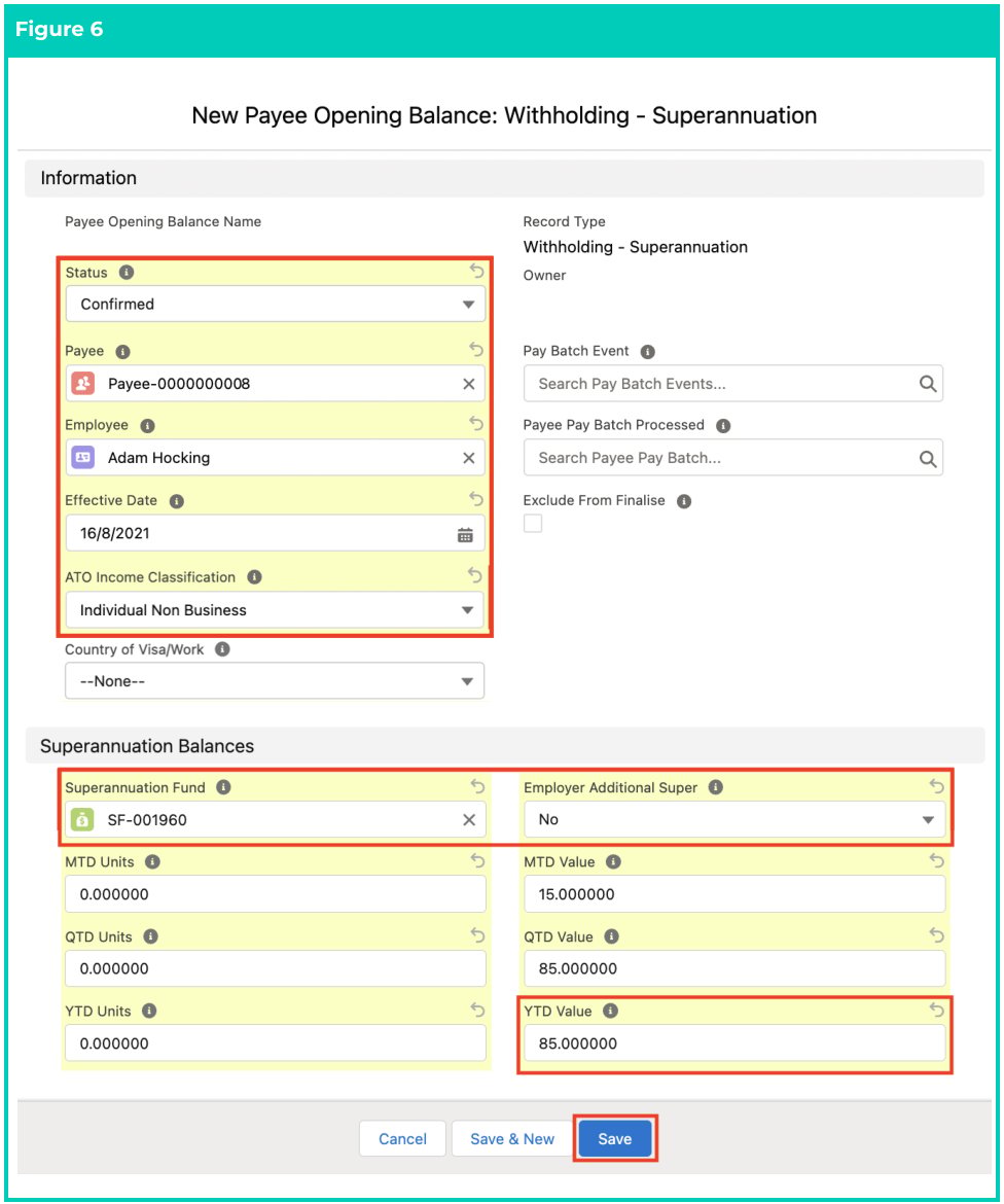 Screenshot from QRG Define Payee Opening Balances - Withholding Superannuation