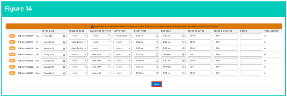 Figure 14: screenshot for QRG Timesheet Processing - Enter Timesheets as Payroll User