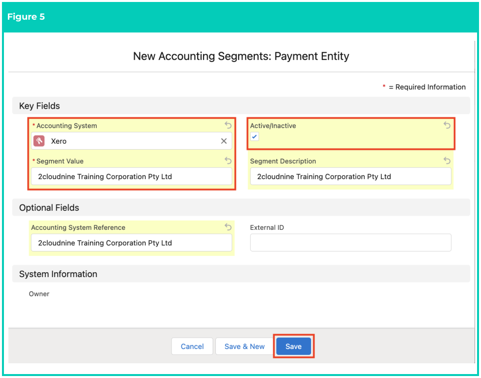 Screenshot from QRG Create Accounting Segments - Payment Entity