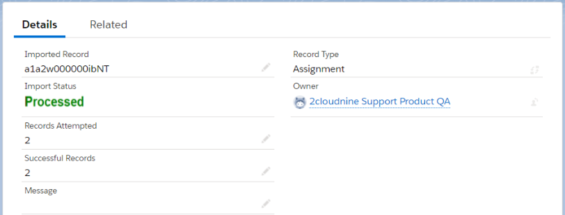 Assignment processed imported record details