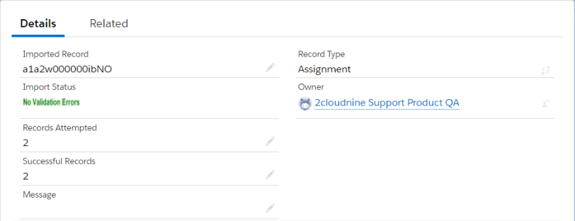 Imported Record Screen details tab