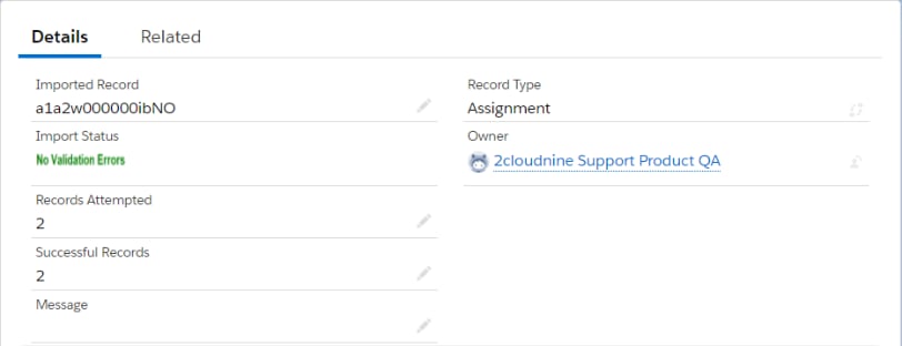 Imported Record Screen details tab