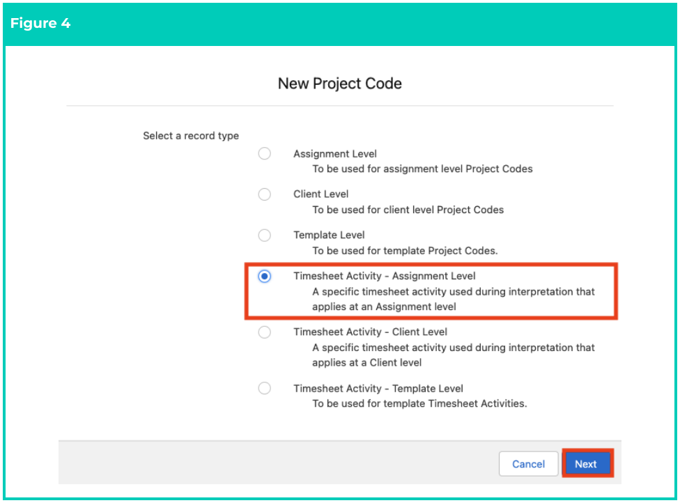 Screenshot from QRG Create Project Codes - Timesheet Activity (Assignment Level)