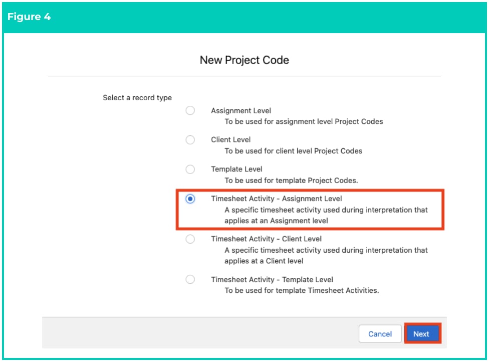 Screenshot from QRG Create Project Codes - Timesheet Activity (Assignment Level)