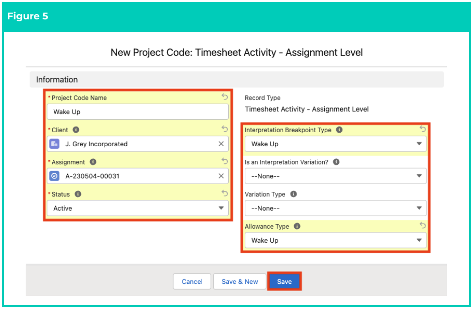 Screenshot from QRG Create Project Codes - Timesheet Activity (Assignment Level)