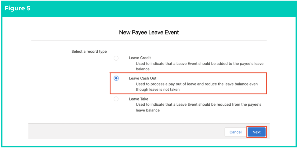 Screenshot from QRG Create Leave Cash Out - Payroll Users