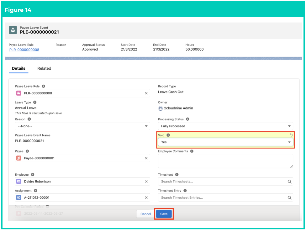 Screenshot from QRG Create Leave Cash Out - Payroll Users