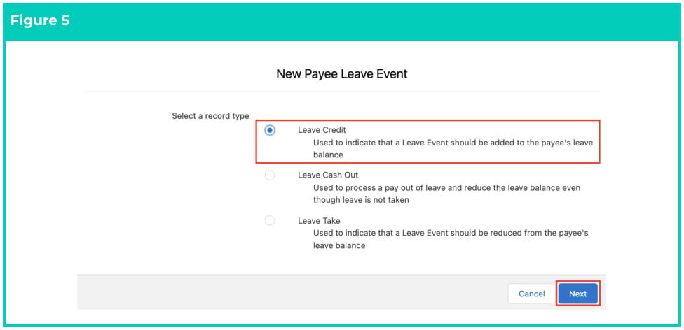 Screenshot from QRG Create Leave Credit - Payroll Users