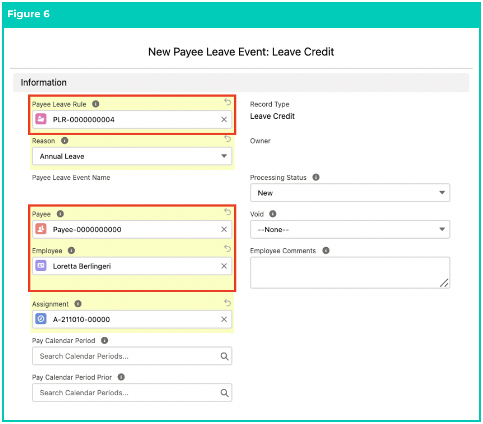 Screenshot from QRG Create Leave Credit - Payroll Users