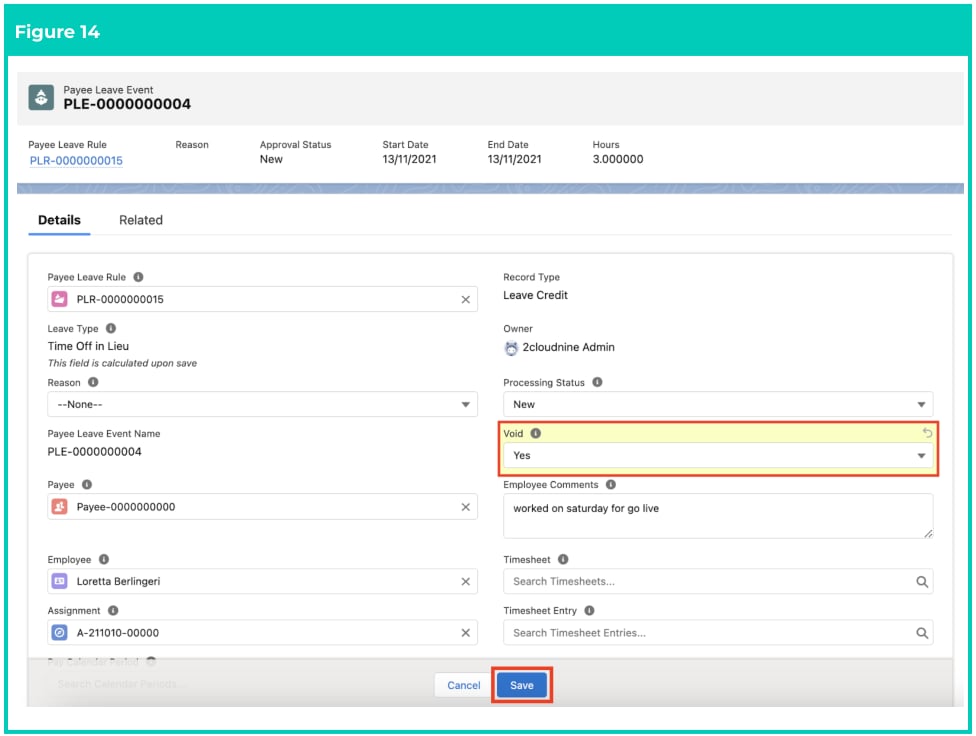 Screenshot from QRG Create Leave Credit - Payroll Users