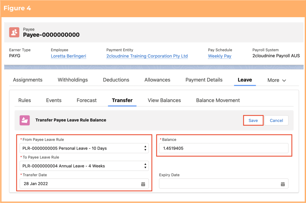 Screenshot from QRG Payee Leave Transfer