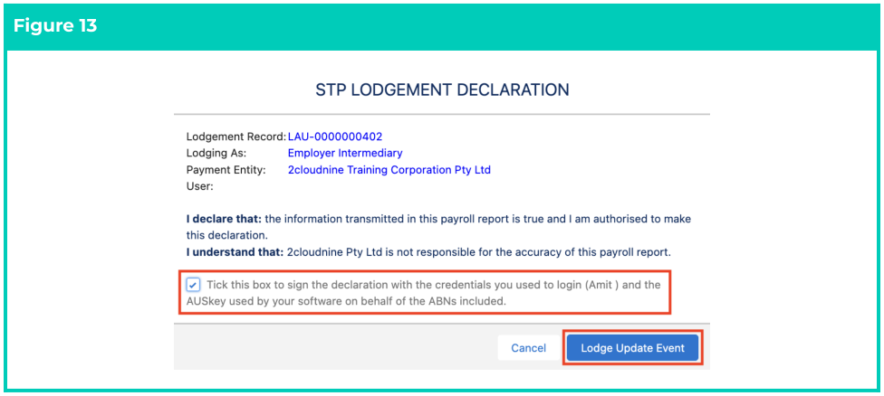 Screenshot from QRG Single Touch Payroll (STP) Lodgements - Update Event