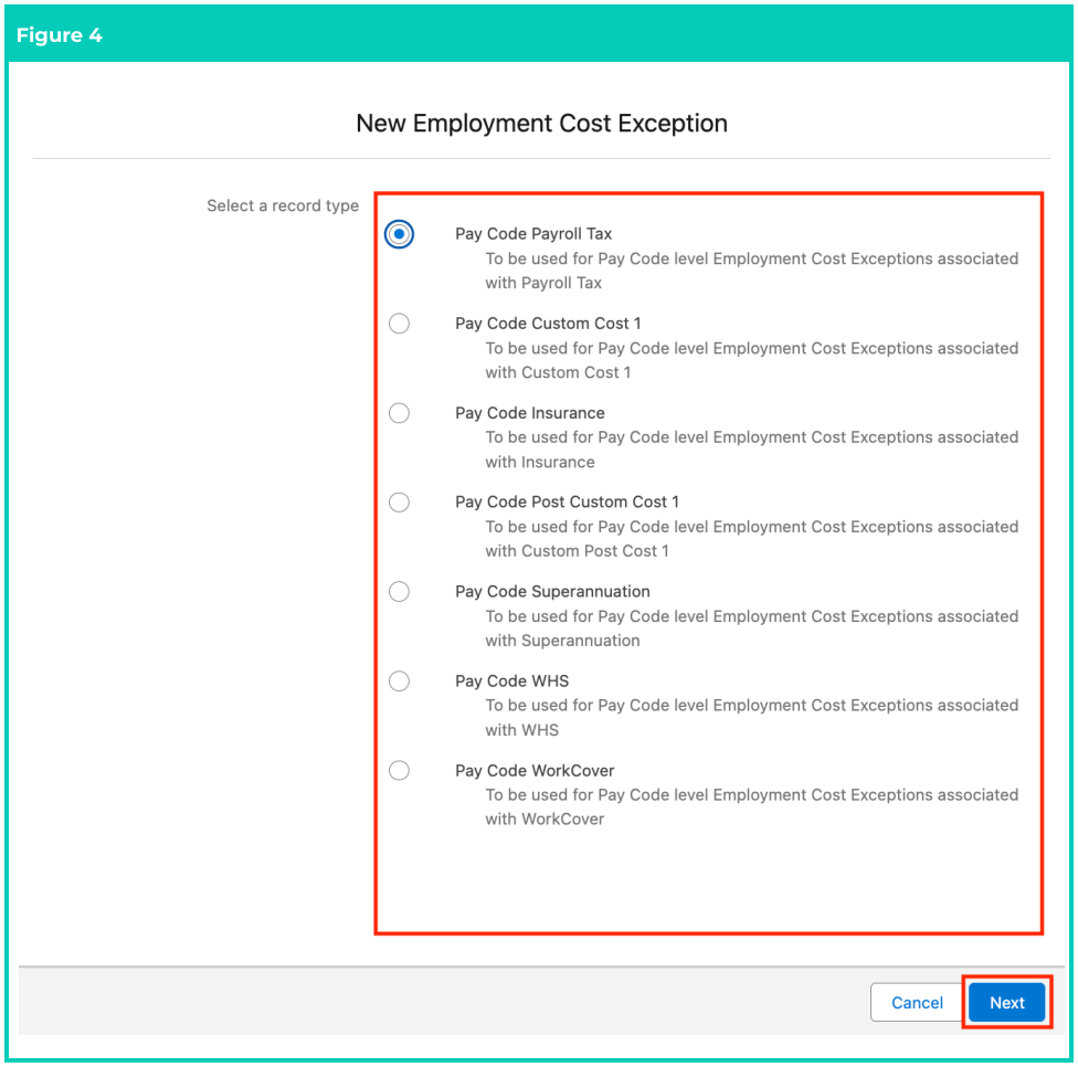 Screenshot from QRG Create an Employment Cost Exception