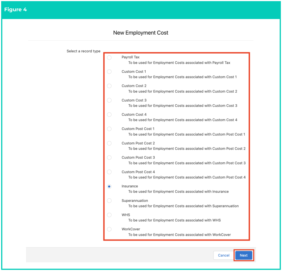 Screenshot from QRG Create an Employment Cost record - RC