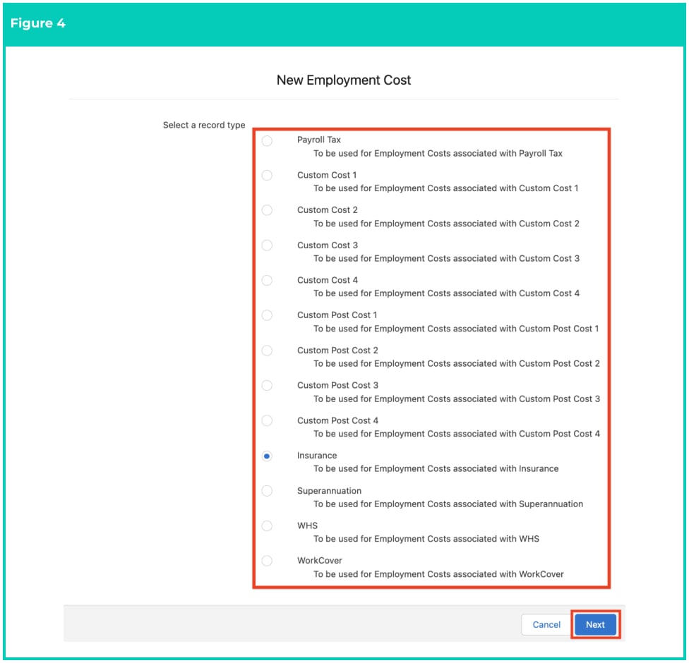 Screenshot from QRG Create an Employment Cost record - RC