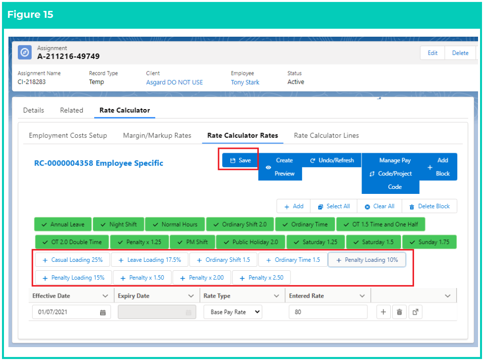 Screenshot from QRG Create Rate Calculators - Employee Specific