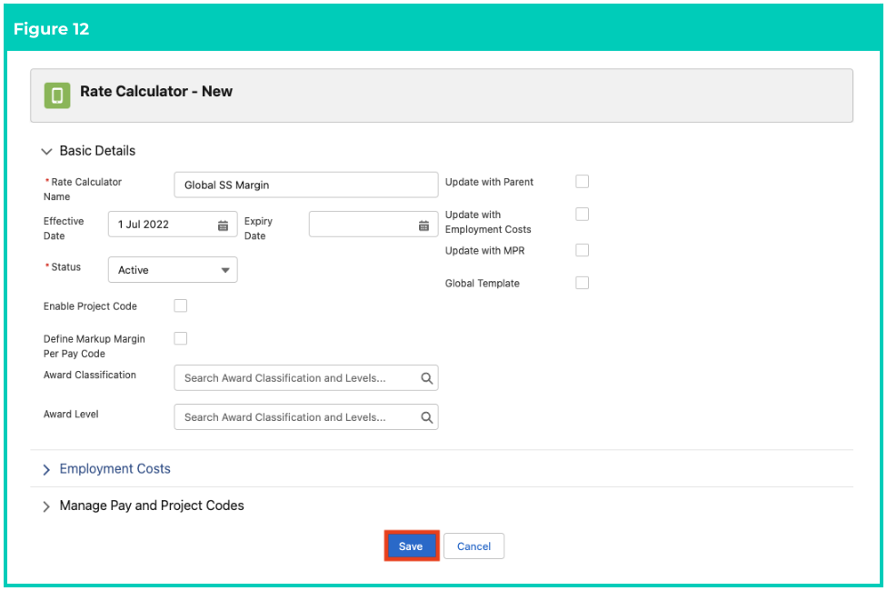 Screenshot from QRG Rate Calculator Template - Initial Setup