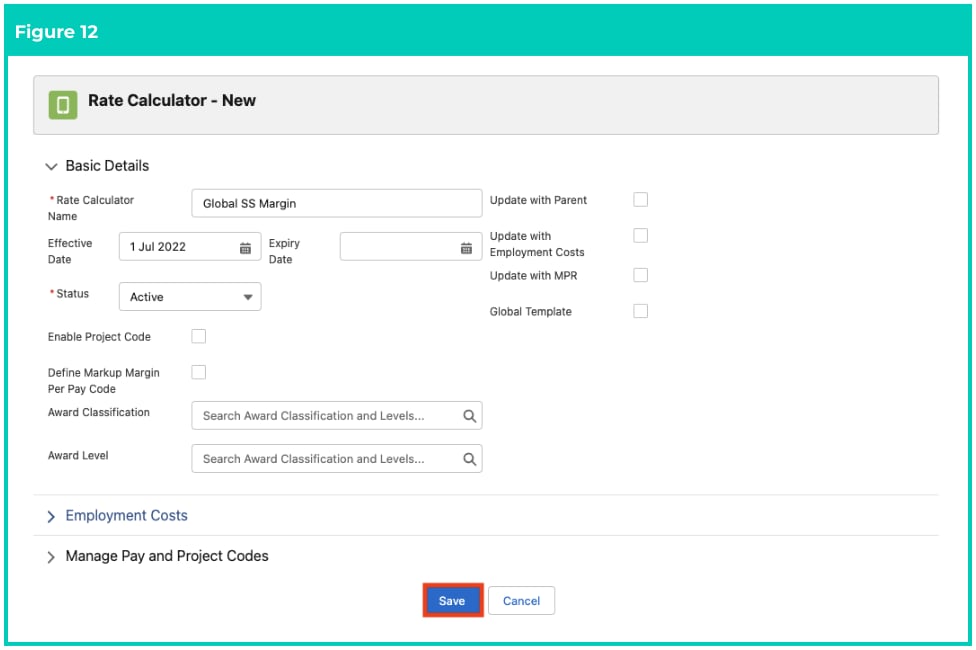 Screenshot from QRG Rate Calculator Template - Initial Setup
