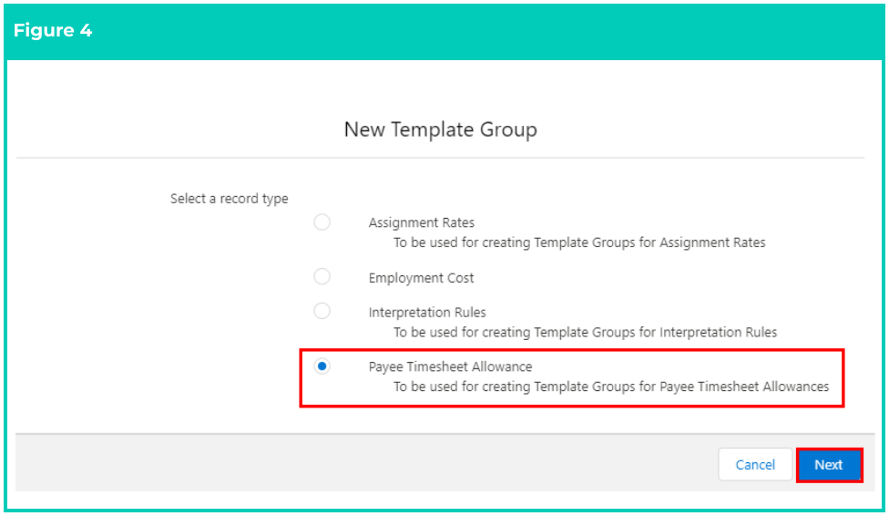 Screenshot from QRG Create a Payee Timesheet Allowance Template Group