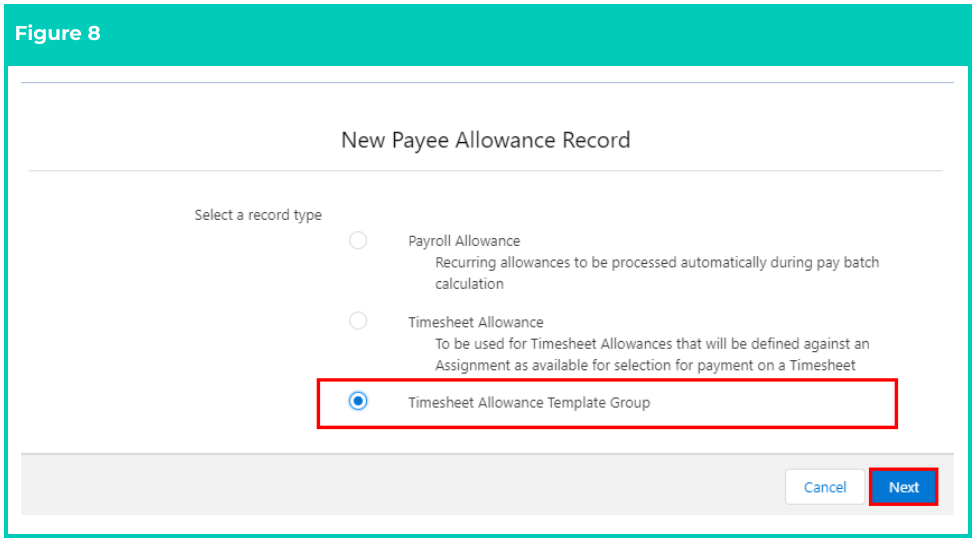 Screenshot from QRG Create a Payee Timesheet Allowance Template Group