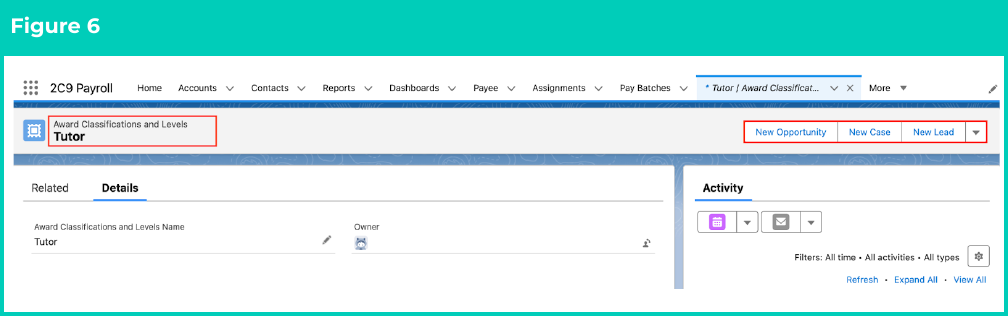 Figure 6: screenshot for QRG Create an Award Classification and Levels Record