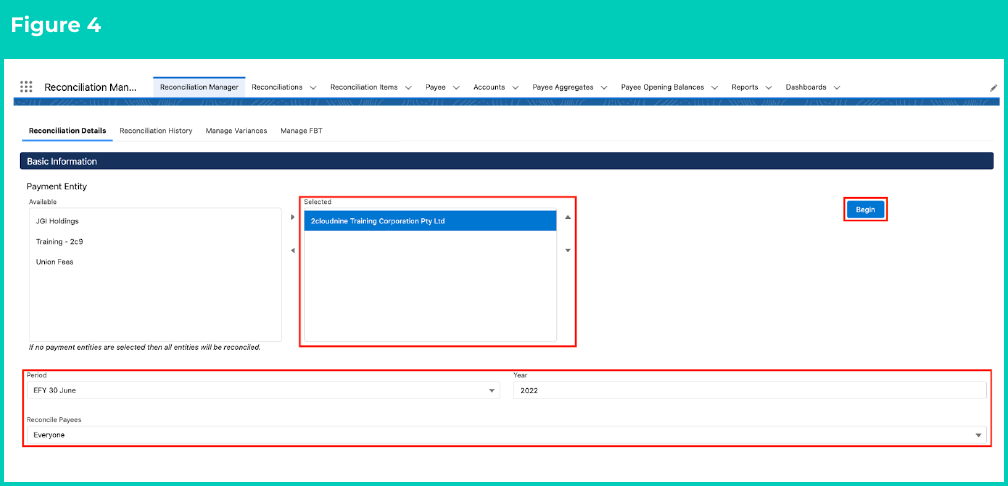 Figure 4: screenshot for QRG Process a new Reconciliation