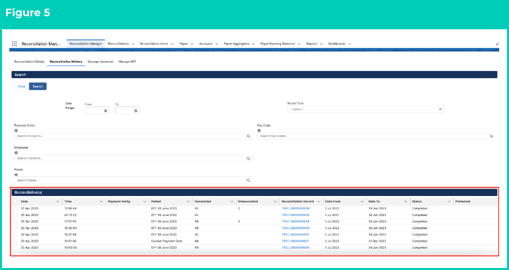 Figure 5: screenshot for QRG Review Reconciliation History (Results)